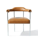 A modernist dining chair with a curved backrest and seat upholstered in tan leather, supported by a slim chrome metal frame, shown against a plain white background.