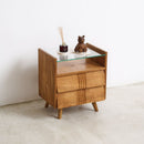 Retro Fluted Bedside Table (2 Drawers, Glass Top) - Journey East