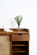 A mid-century modern wooden sideboard cabinet with a woven cane panel, a single drawer, and open shelving, styled with a small glass vase of greenery and a white sculptural foot on top, set against a plain white wall.
