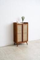 A mid-century modern wooden cabinet with two cane doors, styled with a small plant and a white sculptural object on top, set against a minimalist white wall and concrete floor.