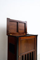 A dark brown wooden cabinet with a hinged lid raised open, showing brass support hardware, photographed against a plain white wall.